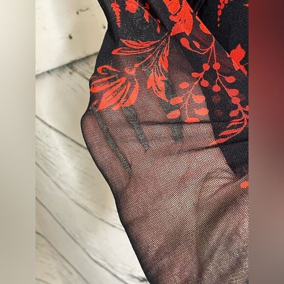 FUZZI DRESS Faux Wrap Sheer Sleeves Floral Black Red Small - Picture 5 of 7